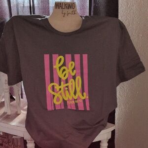 Be Still Graphic Tee - Gray with Pink & Yellow Print